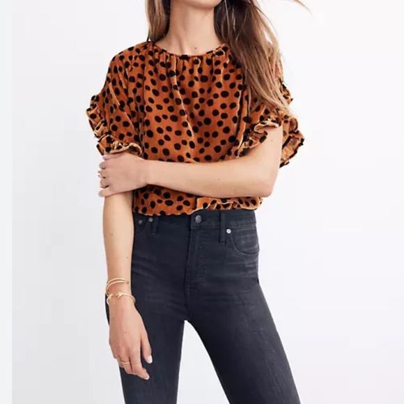 MADEWELL Velvet Memento Ruffle-Sleeve Top in Leopard Dot Shirt Size S - Picture 1 of 9